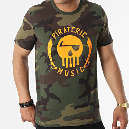 Piraterie Music - Tee Shirt Camouflage Logo Vert Kaki Orange Fluo