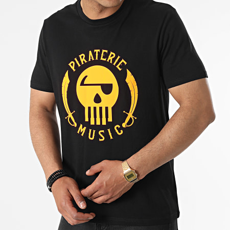 Piraterie Music - Tee Shirt Logo Noir Orange Fluo