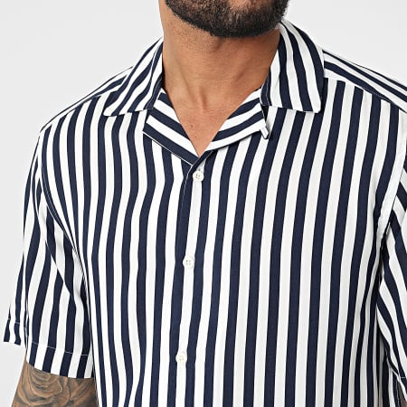 Only And Sons - Chemise Manches Courtes A Rayures Wayne Life Blanc Bleu Marine