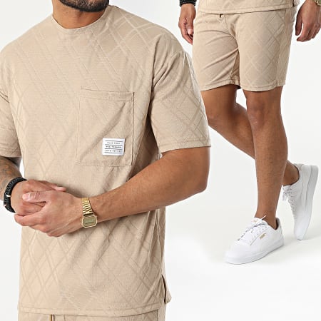 Classic Series - Conjunto de camiseta extragrande con bolsillo en el pecho y pantalones cortos para correr PP6001-6002 Beige
