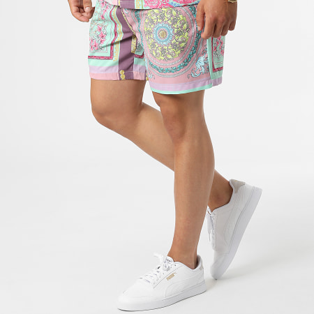 Frilivin - Camicia a maniche corte e pantaloncini da jogging BM1318 Set rinascimentale rosa chiaro e verde