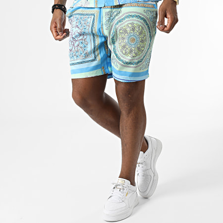 Frilivin - Camicia a maniche corte e pantaloncini da jogging BM1318 Blu Verde Rinascimento
