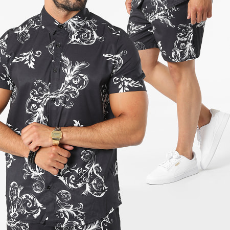 Frilivin - BM1372 Set di camicia a maniche corte e pantaloncini da jogging con motivo floreale rinascimentale nero