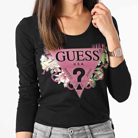Guess - Camiseta Strass de manga larga para mujer W2YI36-J1311 Negro