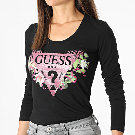 Guess - Tee Shirt Manches Longues Femme Strass W2YI36-J1311 Noir
