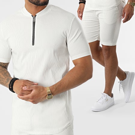Uniplay - Maglietta a righe con scollo a zip e set di pantaloni corti UY847 Bianco