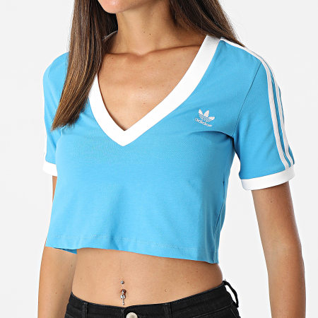 Adidas Originals - Tee Shirt Femme Crop Col V A Bandes HC2035 Bleu Clair