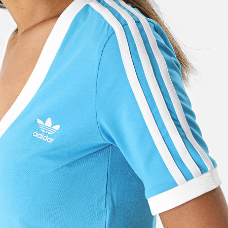 Adidas Originals - Tee Shirt Femme Crop Col V A Bandes HC2035 Bleu Clair