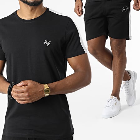 Jack And Jones - Set di maglietta a righe Isaac bianca e nera e pantaloncini da jogging