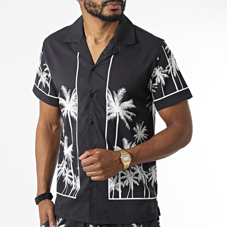 Frilivin - Bm1570 Set di camicia a maniche corte e pantaloncini da jogging in bianco e nero con motivi floreali