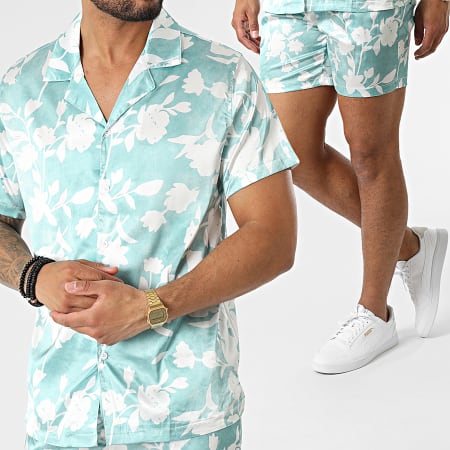 Frilivin - Conjunto Camisa Manga Corta Y Jogging Short BM1563 Verde Blanco Floral