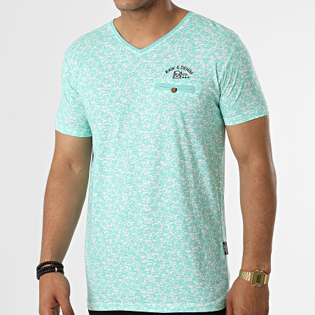 Classic Series - Camiseta cuello pico con bolsillo pecho Turquesa Blanco Floral