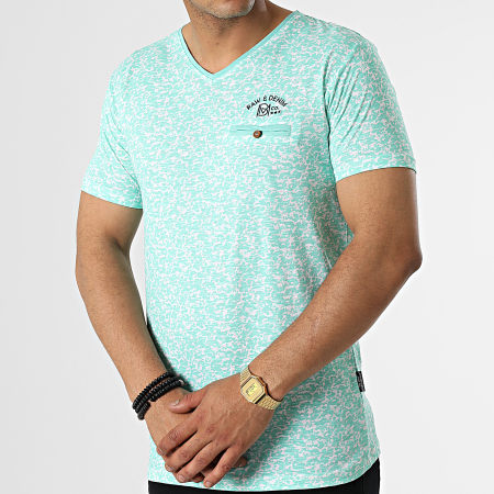 Classic Series - Camiseta cuello pico con bolsillo pecho Turquesa Blanco Floral
