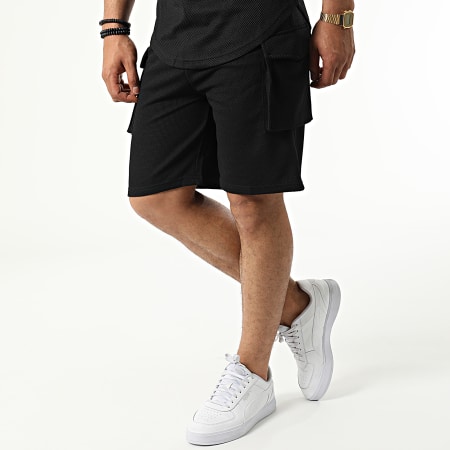 John H - Set di maglietta con cappuccio e pantaloncini da jogging PP66-DD66 Nero