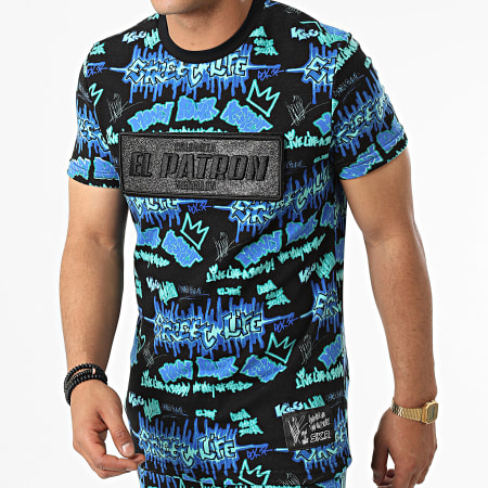 Skr - Conjunto de camiseta y pantalón corto PTRN Print Black Blue Rhinestone Camiseta & Jogging Short Set