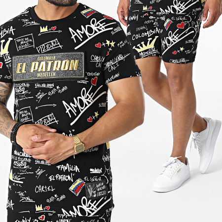 Skr - Set di maglietta e pantaloncini da jogging con stampa PTRN e strass neri