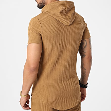 John H - Conjunto de camiseta con capucha camel y pantalón corto DD73-PP73