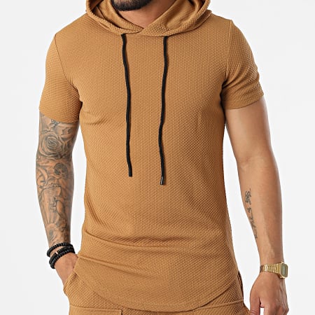 John H - Conjunto de camiseta con capucha camel y pantalón corto de jogging PP68-DD68