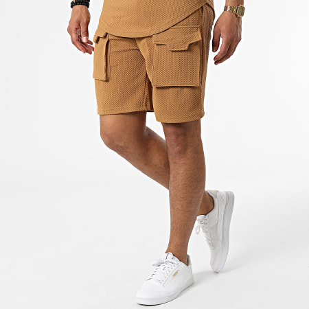 John H - Maglietta con cappuccio e pantaloncini da jogging color cammello PP68-DD68
