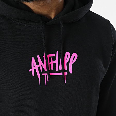 Anthill - Felpa con cappuccio nera con scritta rosa fluorescente