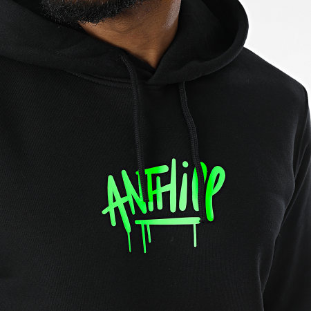 Anthill - Felpa con cappuccio nera con scritta verde fluorescente
