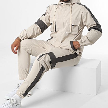 Frilivin - Conjunto de chaqueta con capucha y pantalón jogger beige