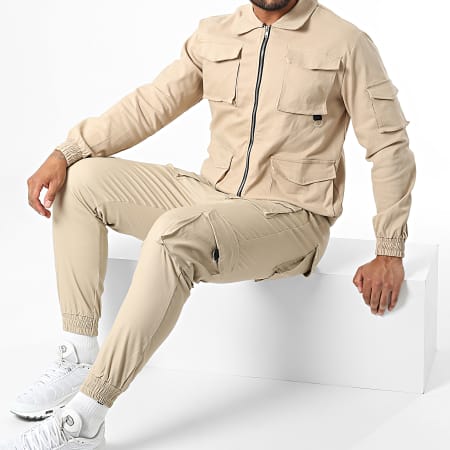 Frilivin - Conjunto de chaqueta con cremallera y pantalón jogger beige