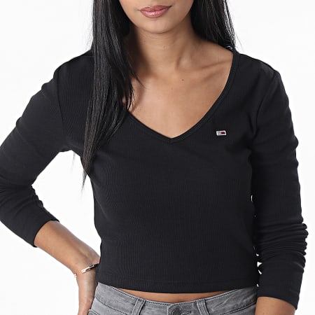 Tommy Jeans - Maglietta da donna a manica lunga in jersey a coste Baby 4278 nero