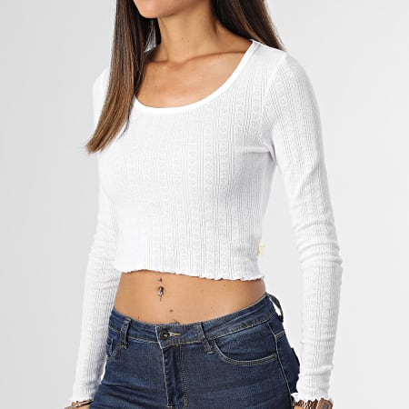 Superdry - Tee Shirt Manches Longues Crop Femme Vintage Pointelle Blanc