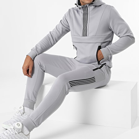 Zayne Paris  - E320 Conjunto de chaqueta con cremallera a rayas gris y pantalón de jogging