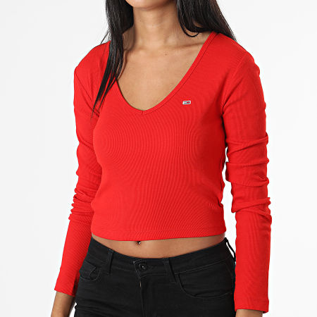 Tommy Jeans - Tee Shirt Manches Longues Crop Femme Baby Rib 4278 Rouge