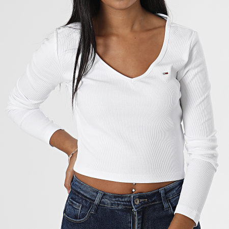 Tommy Jeans - Tee Shirt Manches Longues Crop Femme Baby Rib 4278 Blanc