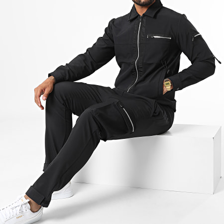 Aarhon - Conjunto de chaqueta con cremallera y pantalón cargo AJ-8021-8007 Negro