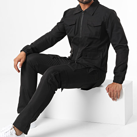 John H - Conjunto de chaqueta negra con cremallera y pantalón cargo AB331