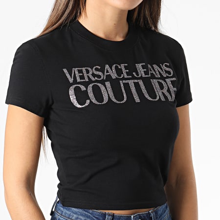 Versace Jeans Couture - Tee Shirt Crop Femme Logo Glitter 73HAHT05 Noir
