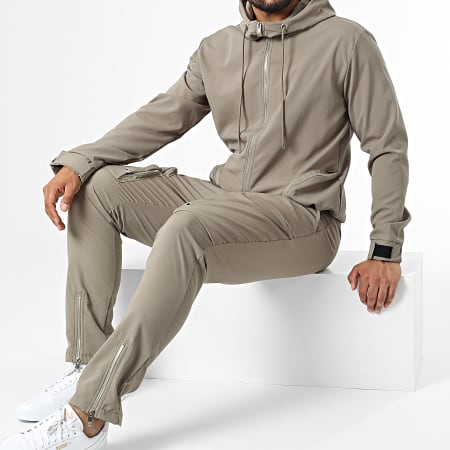 Ikao - LL602 Conjunto de chaqueta con capucha y cremallera y pantalón de jogging verde caqui