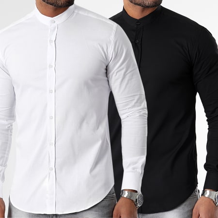 LBO - Set di 2 camicie a maniche lunghe con colletto da ufficiale 2749 bianco e nero