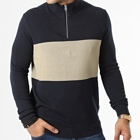 Only And Sons - Pull Col Zippé Alex Stripe Half Zip Bleu Marine Beige ...