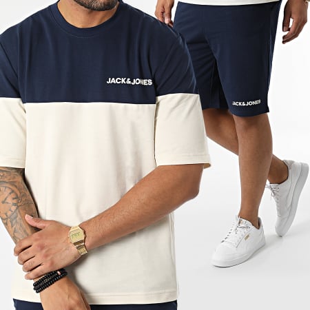 Jack And Jones - Ensemble Tee Shirt Et Short Jogging Color Block Beige Bleu Marine