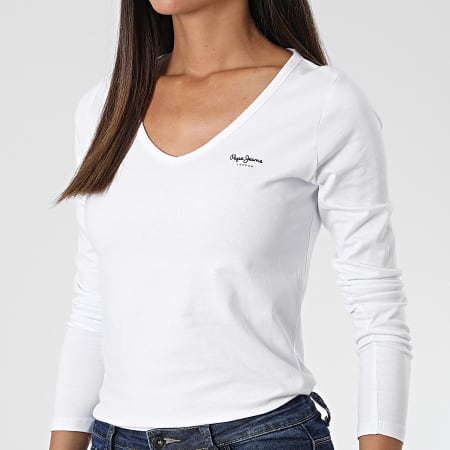 Pepe Jeans - Tee Shirt Manches Longues Col V Femme Corine Blanc