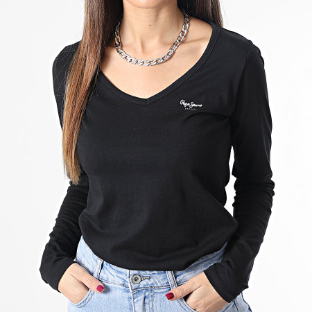 Pepe Jeans - Camiseta de manga larga y cuello en V para mujer Corine Negro