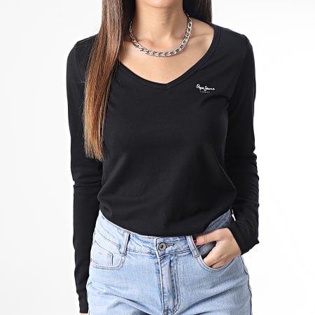 Pepe Jeans - Camiseta de manga larga y cuello en V para mujer Corine Negro