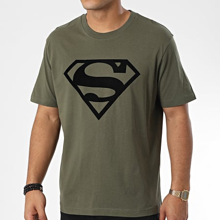 DC Comics - Camiseta Oversize Logo Grande Terciopelo Verde Caqui Negro