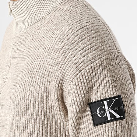 Calvin Klein - 1688 Maglione beige con collo a zip in chiné