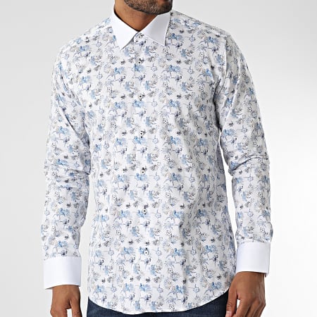 Mackten - Camicia floreale a maniche lunghe M6601-4 Bianco Blu