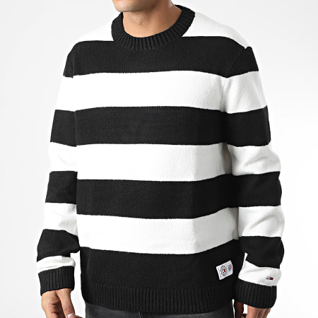 Tommy Jeans - Pull A Rayures Relaxed Textured Blanc Noir