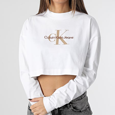 Calvin Klein - Tee Shirt Manches Longues Crop Femme 0950 Blanc