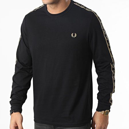 Fred Perry - Tee Shirt Manica lunga con strisce Laured nastrate M4675 Nero Oro