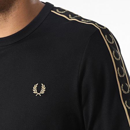 Fred Perry - Tee Shirt Manches Longues A Bandes Laured Taped M4675 Noir Doré