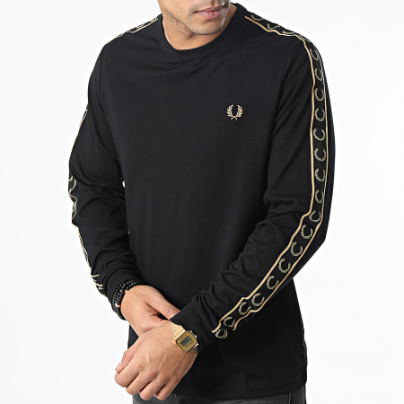 Fred Perry - Tee Shirt Manches Longues A Bandes Laured Taped M4675 Noir Doré